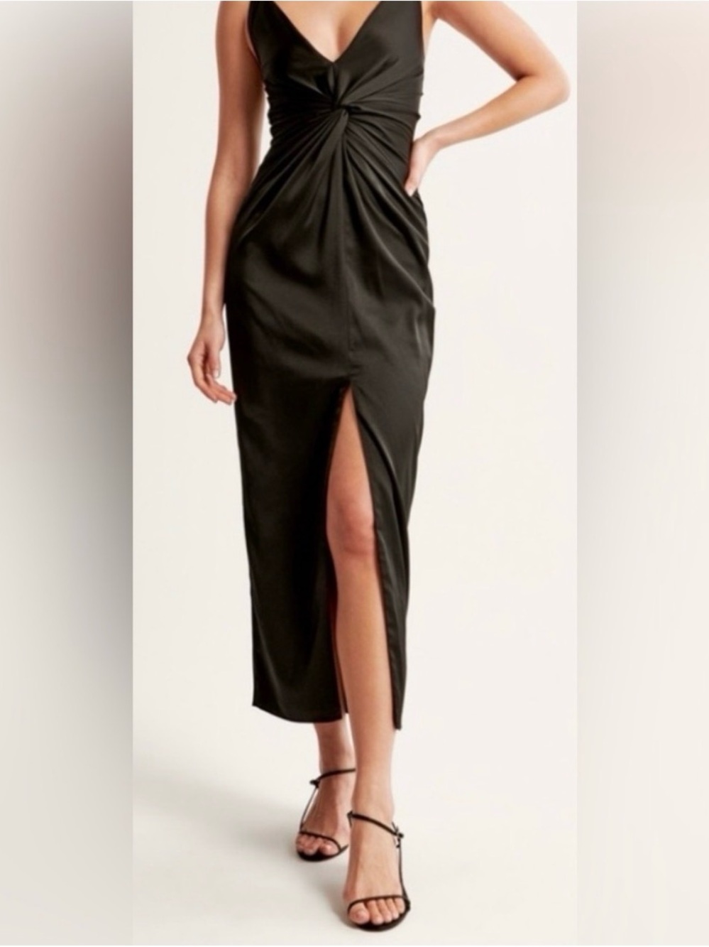 Abercrombie & Fitch Black Twist-Front Midi Dress with Thigh Slit